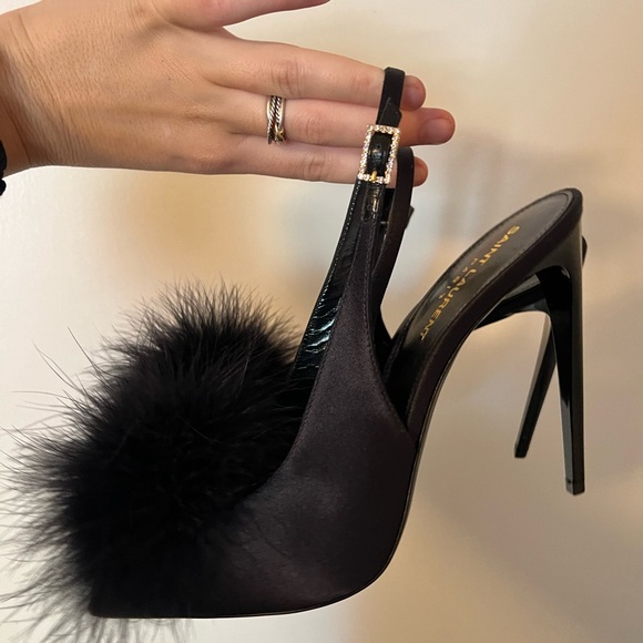 Saint Laurent Mae Feather Slingback Cocktail Sandals - Picture 6 of 12